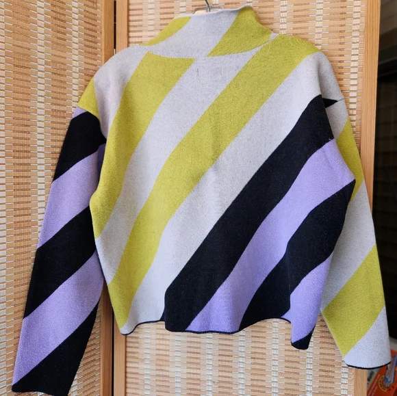 Maeve Colorblock Diagonal Stripe Cropped Sweater in Lime, Lavender & Black - Picture 2 of 3